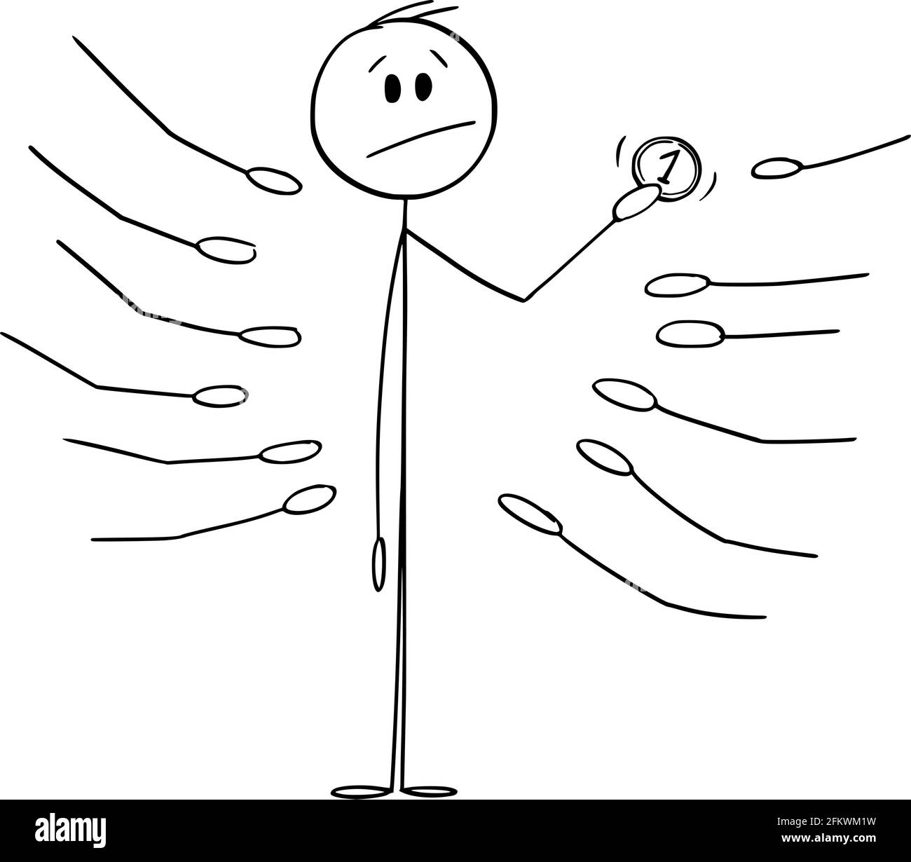 Man Holding Coin, Outstretched Palms or Hands Asking for Money , Vector Cartoon Stick Figure Illustration Stock Vector