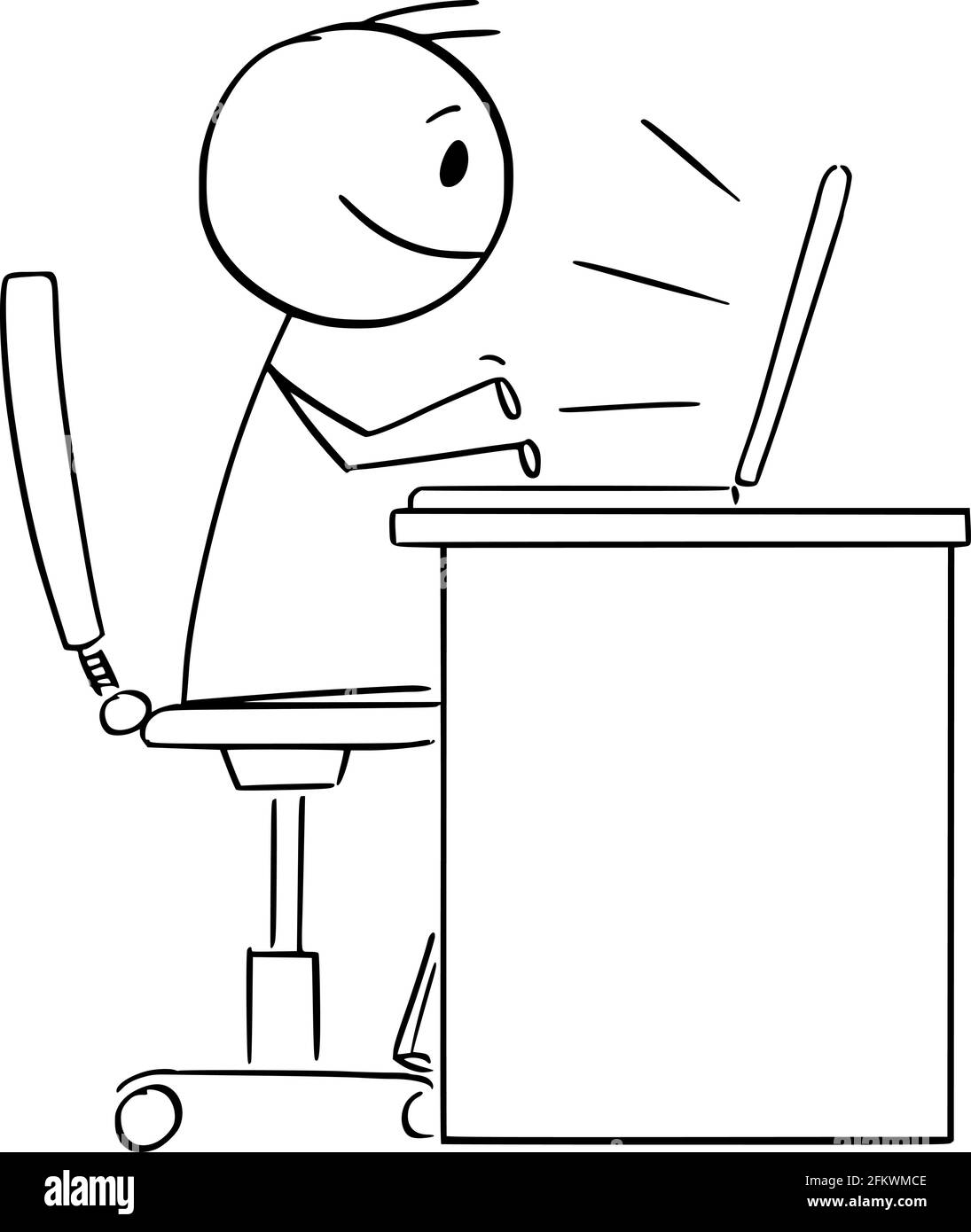 Person or Office Worker Working or Typing on Computer, Vector Cartoon Stick Figure Illustration Stock Vector