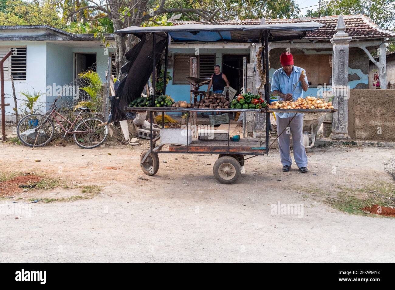 Cuban man selling fruits and vegetables in by an rural road, Cuba Stock
