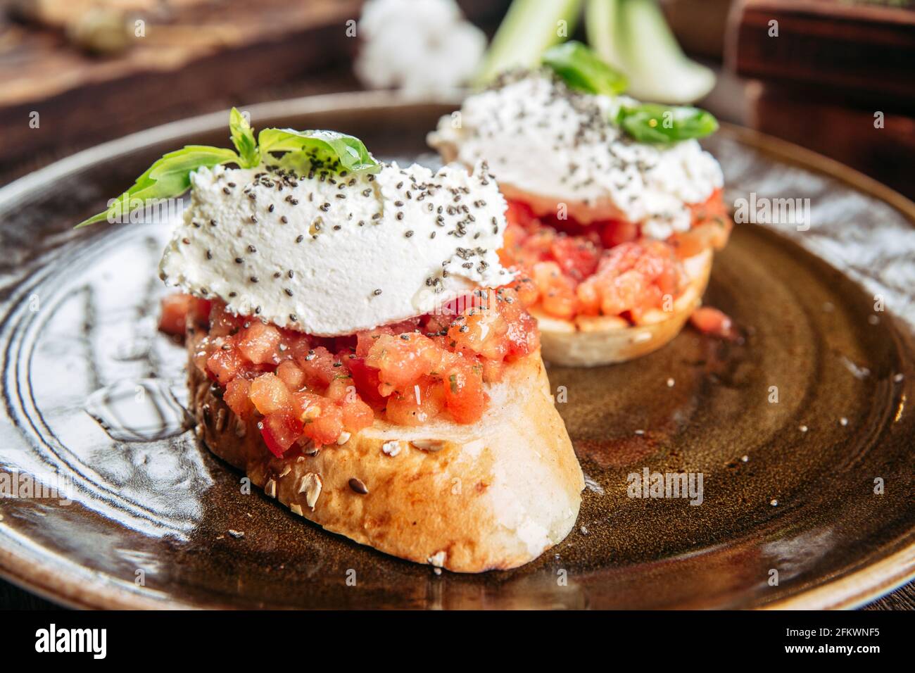 Two appetizer tomato bruschettas Stock Photo