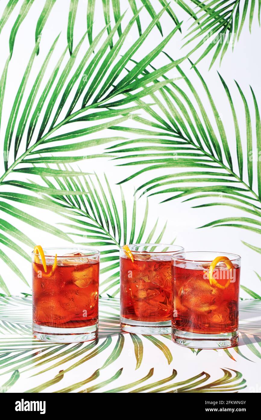 Three red cocktails ( Negroni)  on tropical  background. Lots of copy space Stock Photo
