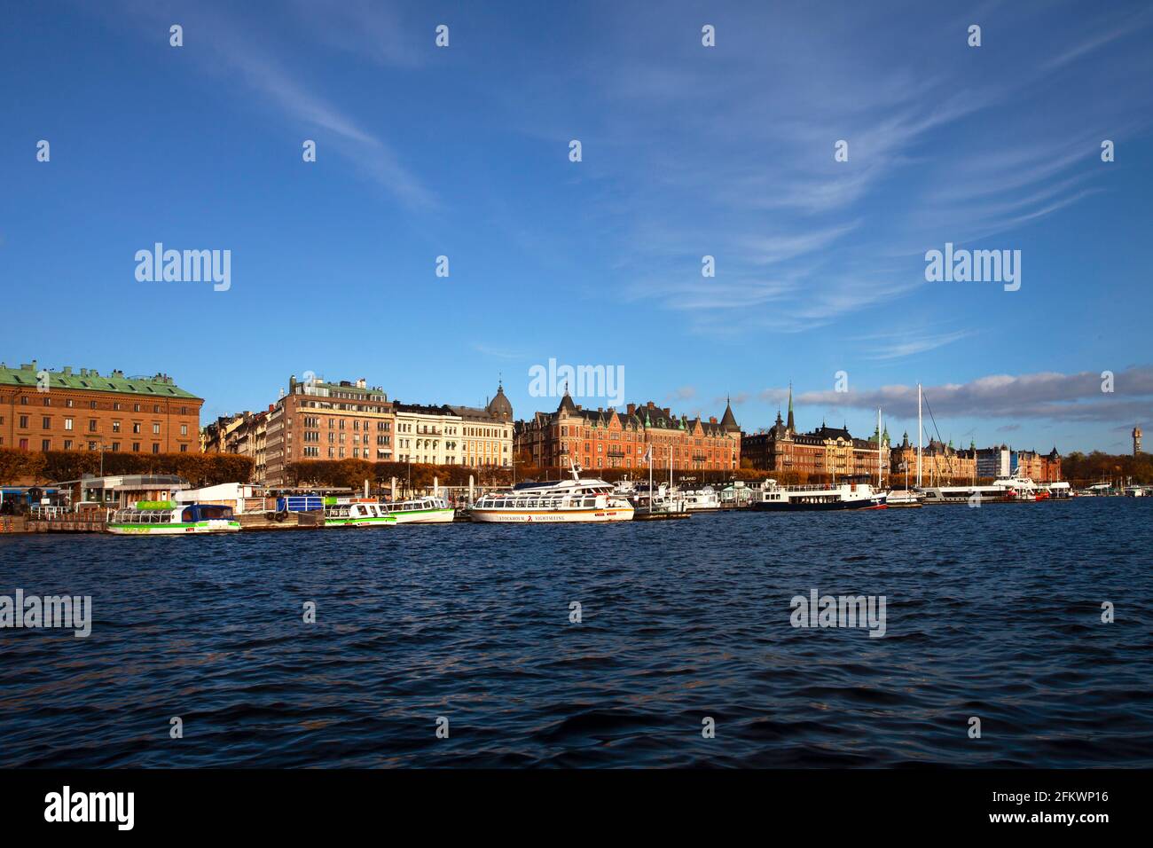 Stockholm waterfront with blue sky and boats, Sweden,Scandinavia