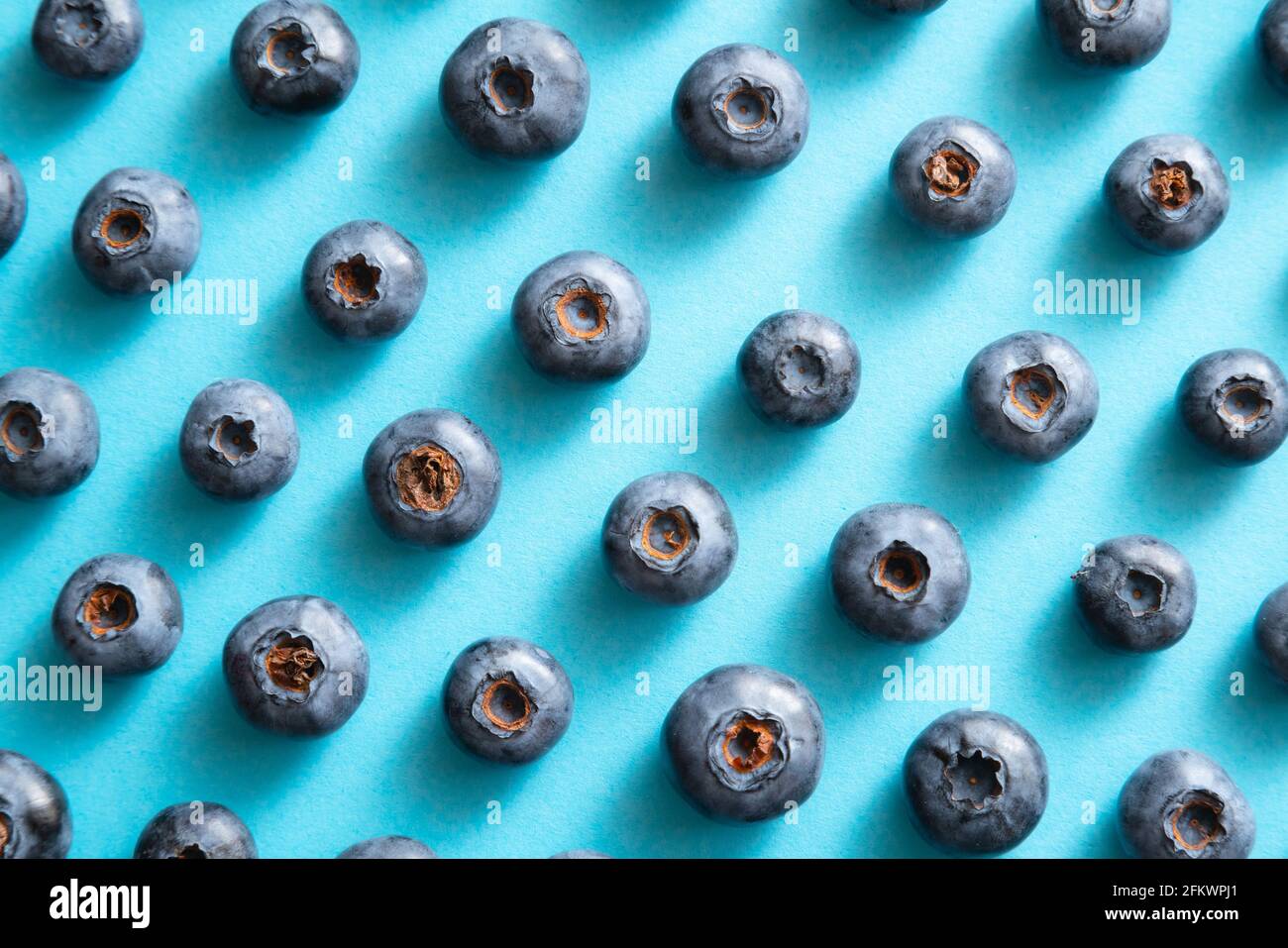 Blueberry pattern on blue background. Ripe blueberries texture close up. Stock Photo