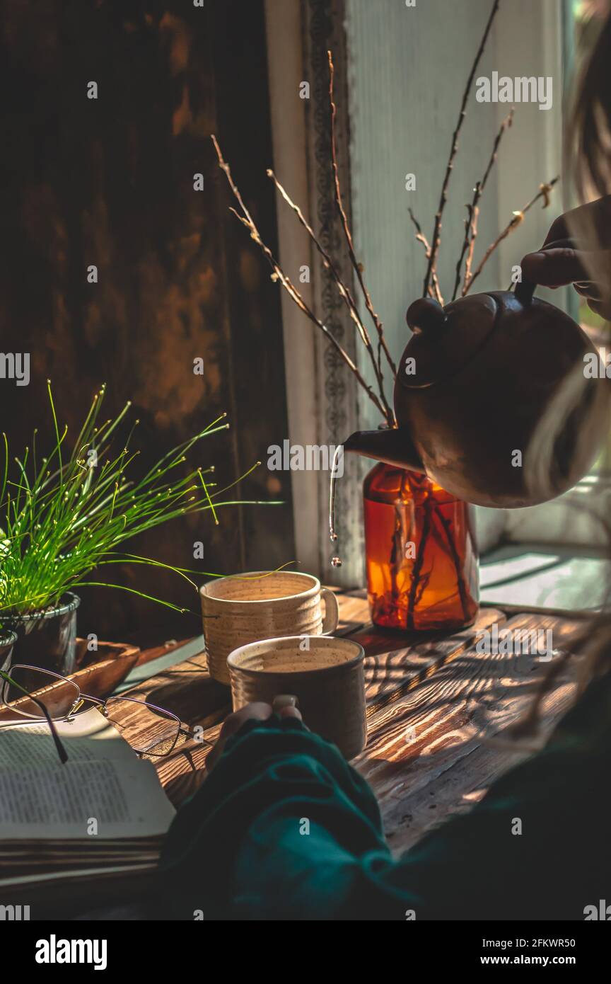 Homemade tea atmosphere . Brown background. Stock Photo