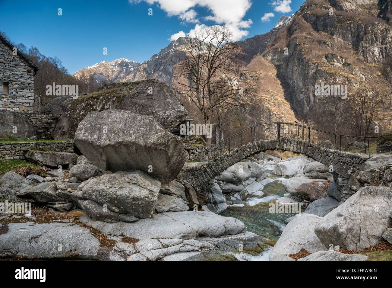 ancient stone bridge at Puntid, Valle Bavona, Ticino Stock Photo
