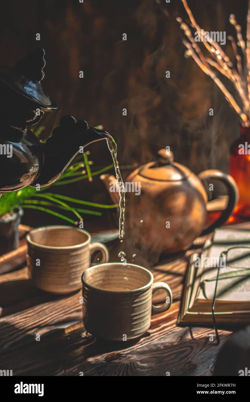 Homemade tea atmosphere . Brown background. Stock Photo