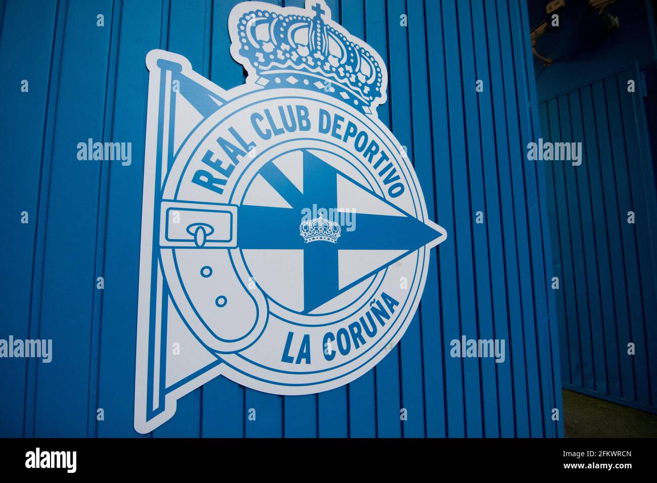 La Coruña, SPAIN: The RC Deportivo de la Coruña shield during Matchday 5 of Group ID of Second Division B between RC Deportivo de la Coruña and UP de Langreo at the Riazor Stadium in La Coruña, Spain on May 02 of 2021. (Photo by Alberto Brevers/Pacific Press/Sipa USA) Credit: Sipa USA/Alamy Live News Stock Photo