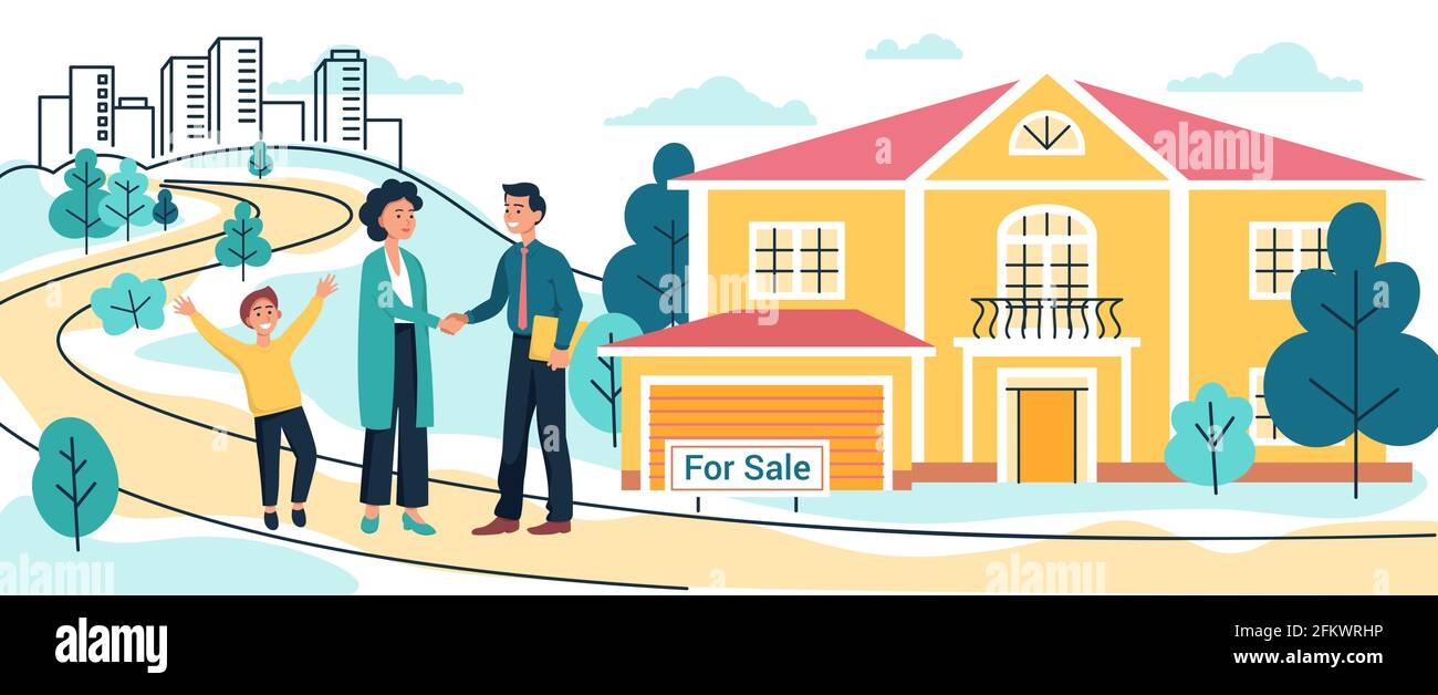 Mother and son buy or rent new country house or cottage. Realtor man signs a contract to sell the house, Moving to new home, vector illustration Stock Vector