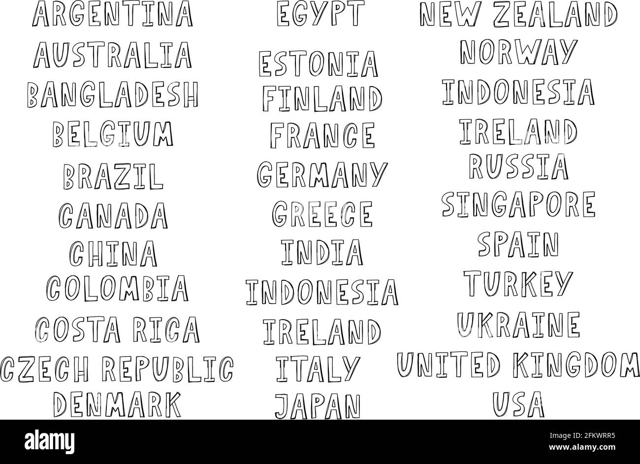 The names of the countries of the world. European cities. Hand letter Stock Vector