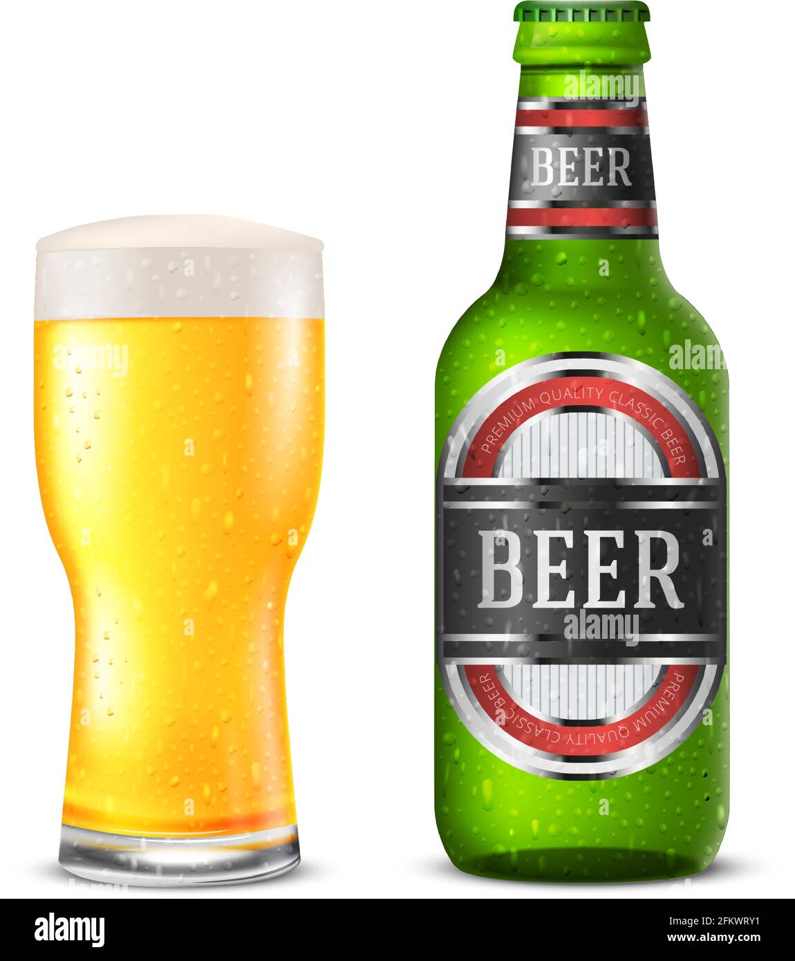 Realistic green vector beer bottle with label and gold ale in glass