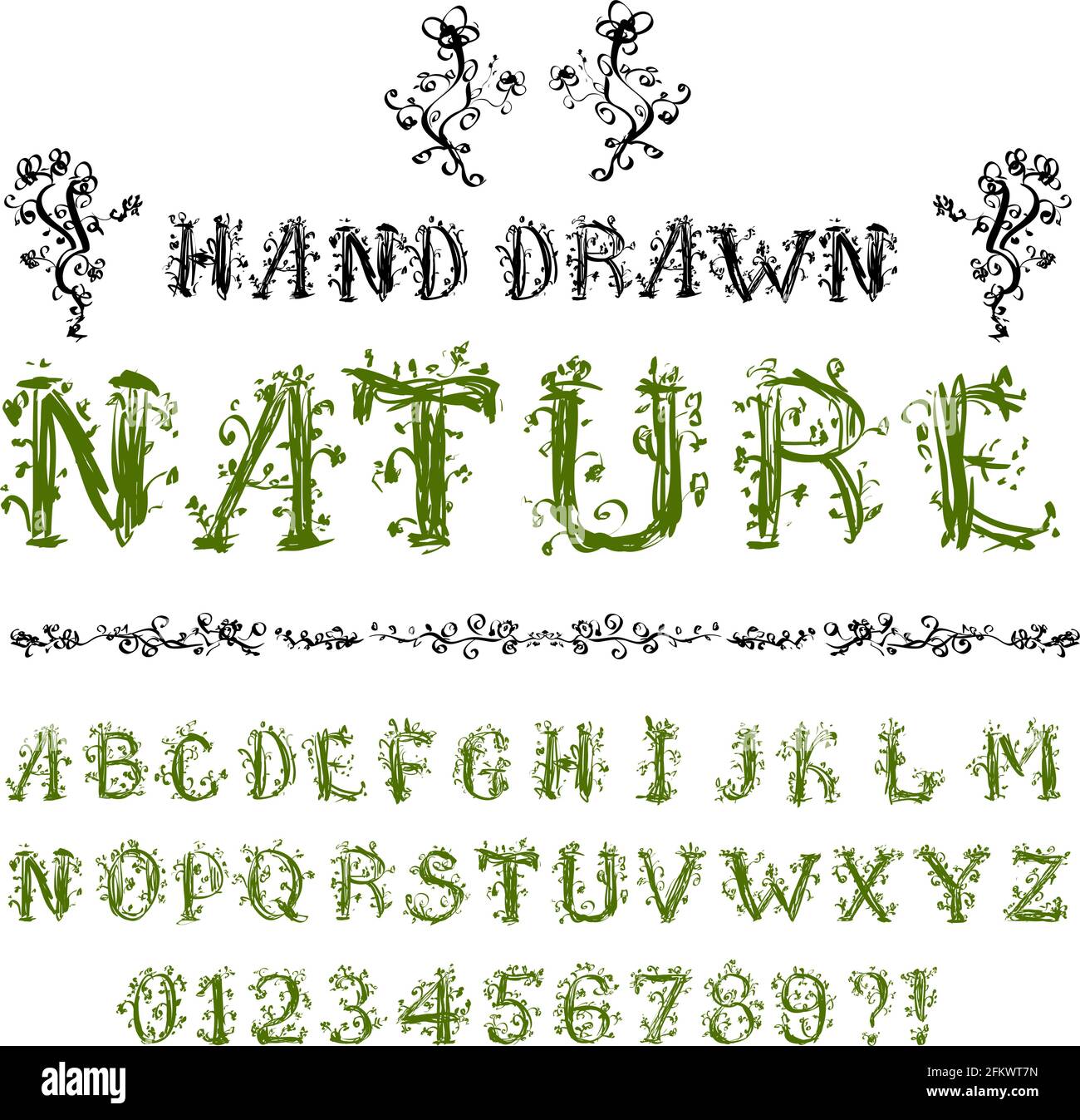 Nature theme hand drawn pencil sketched font:  characters like  trees with leaves, vector illustration Stock Vector