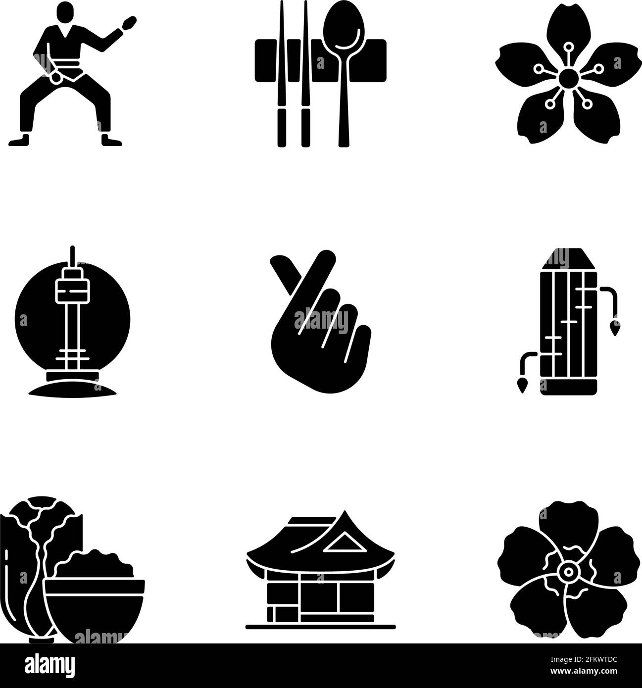 Korean culture black glyph icons set on white space Stock Vector 