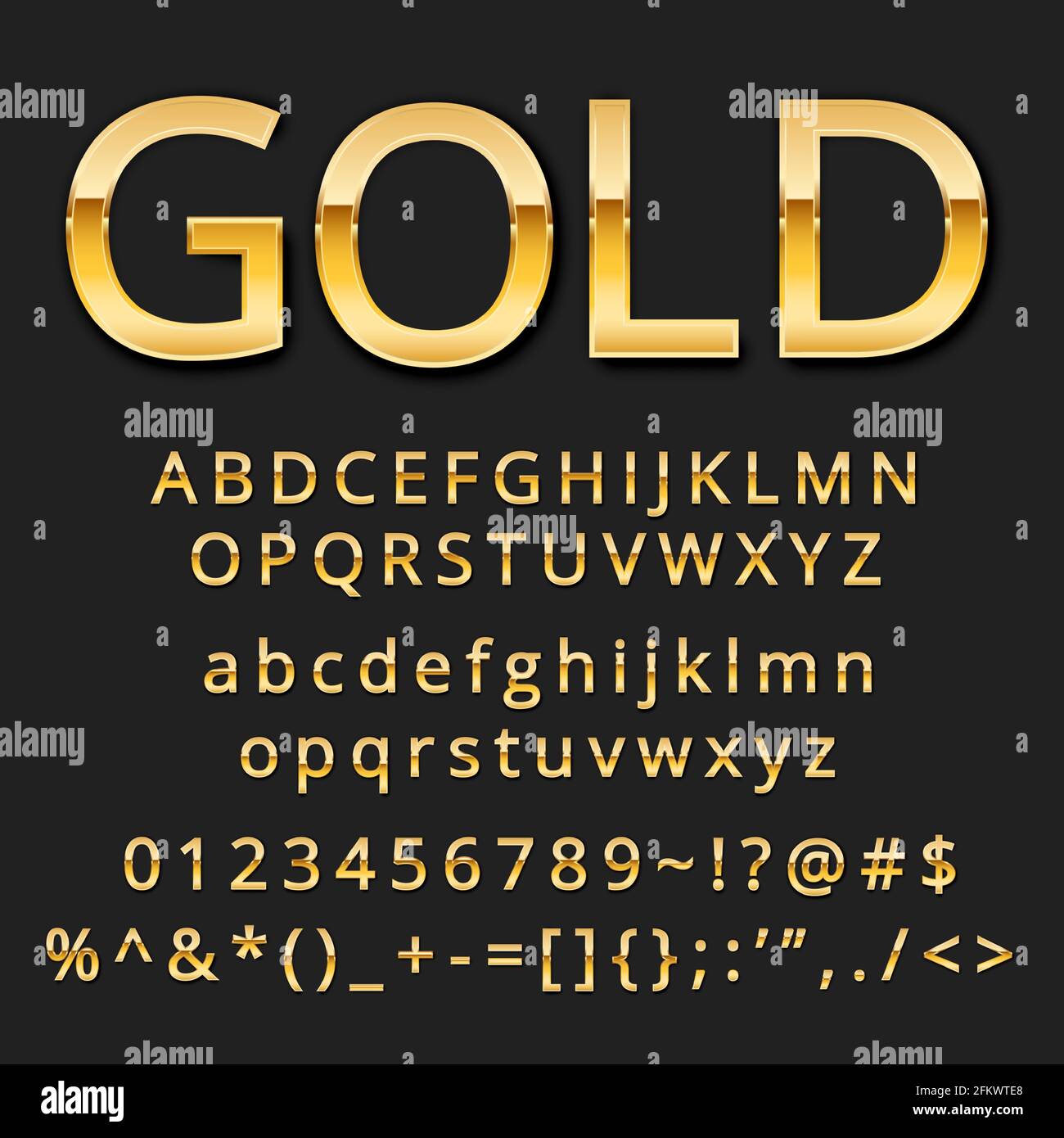 Gold font set. Letter, nubers and special symbols. Uppercase and lower
