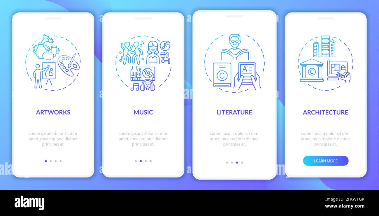 Copyright items onboarding mobile app page screen with concepts Stock Vector
