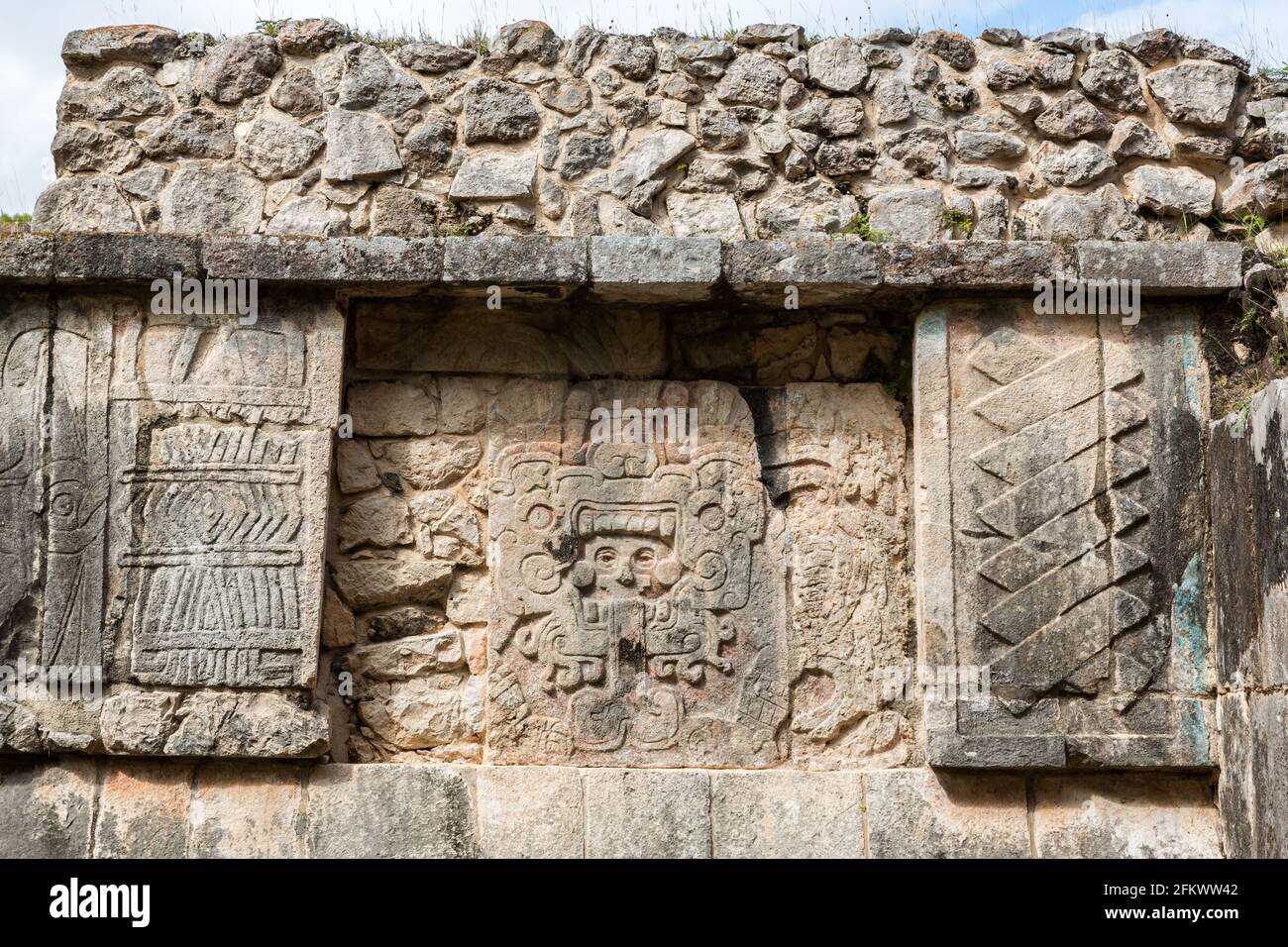 Relief carving at the platform of Venus, Chichen-Itza, Yucatan, Mexico Stock Photo