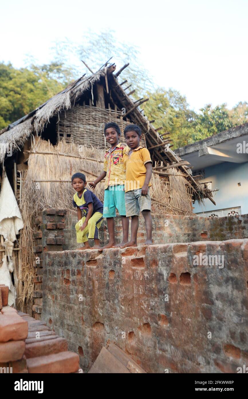 Children posing for camera . KOLI TRIBE. Odasinga Jodum of Cuttack, Odisha, India Stock Photo