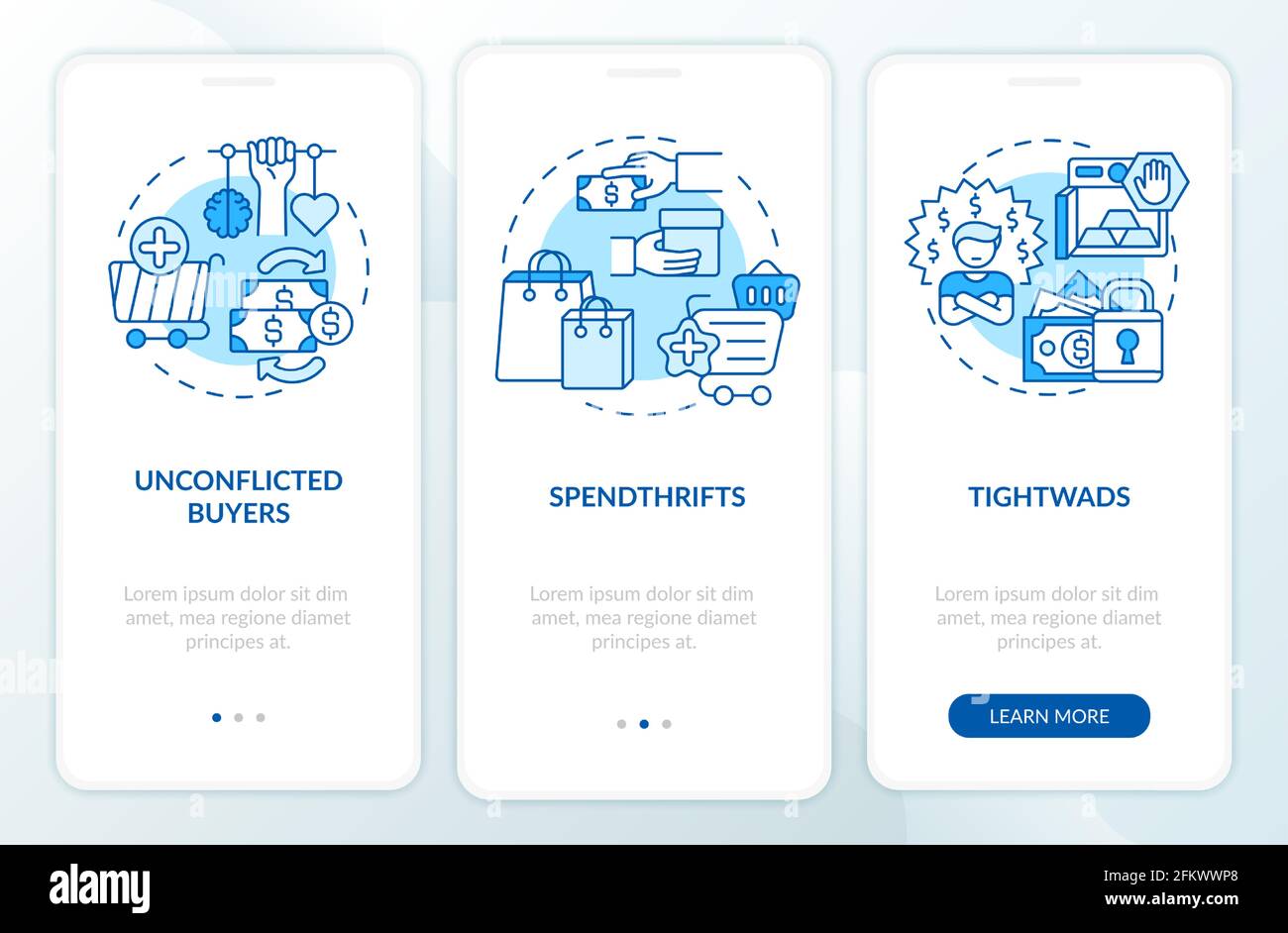 Customers types onboarding mobile app page screen with concepts Stock Vector
