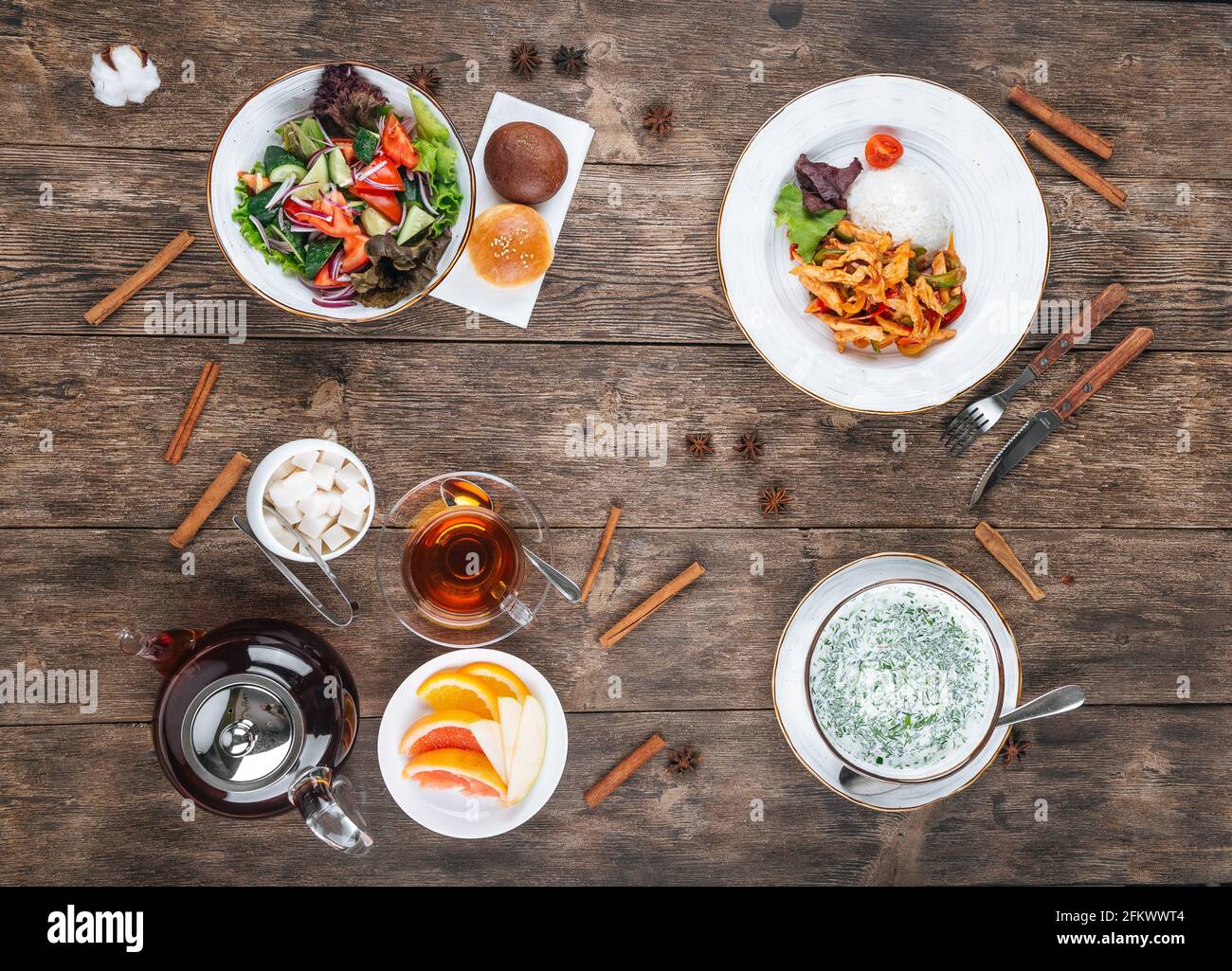 Top view on different dishes three course menu Stock Photo - Alamy