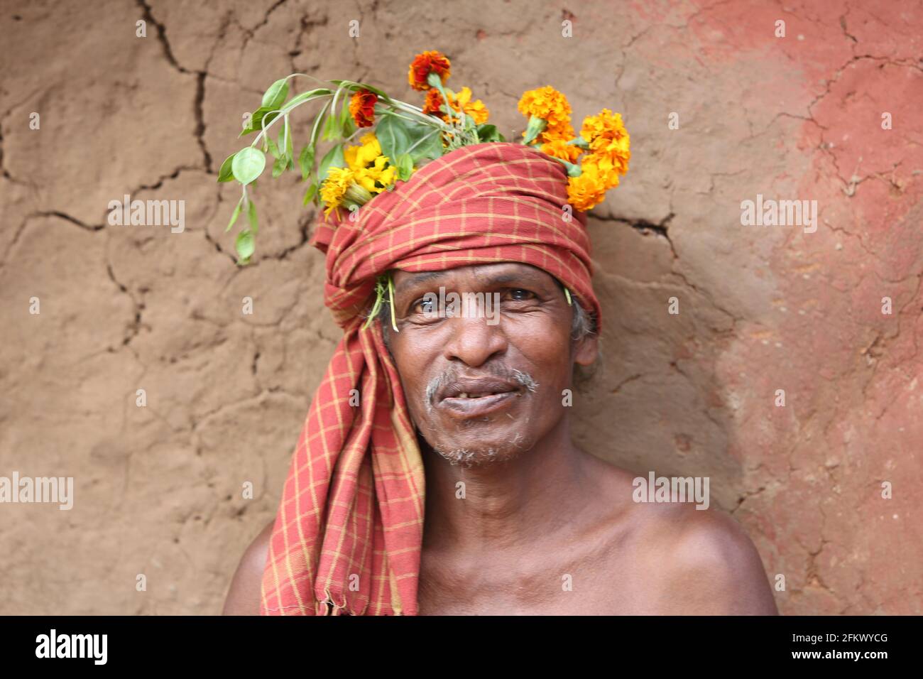 Tribal male dancer with traditional headgear at Lanjigadh village in Odisha, India, DESIA KONDHA TRIBE. Faces of rural India Stock Photo