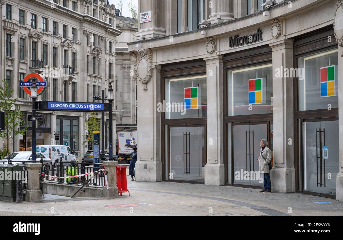 Microsoft store in Regent Street with taped off underground station entrance as Covid lockdown eases in central London, 4 May 2021 Stock Photo