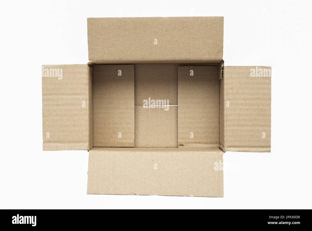 Top view of small brown paper box opened, inside is empty, isolate object on white background, copy space for text and graphic. Stock Photo