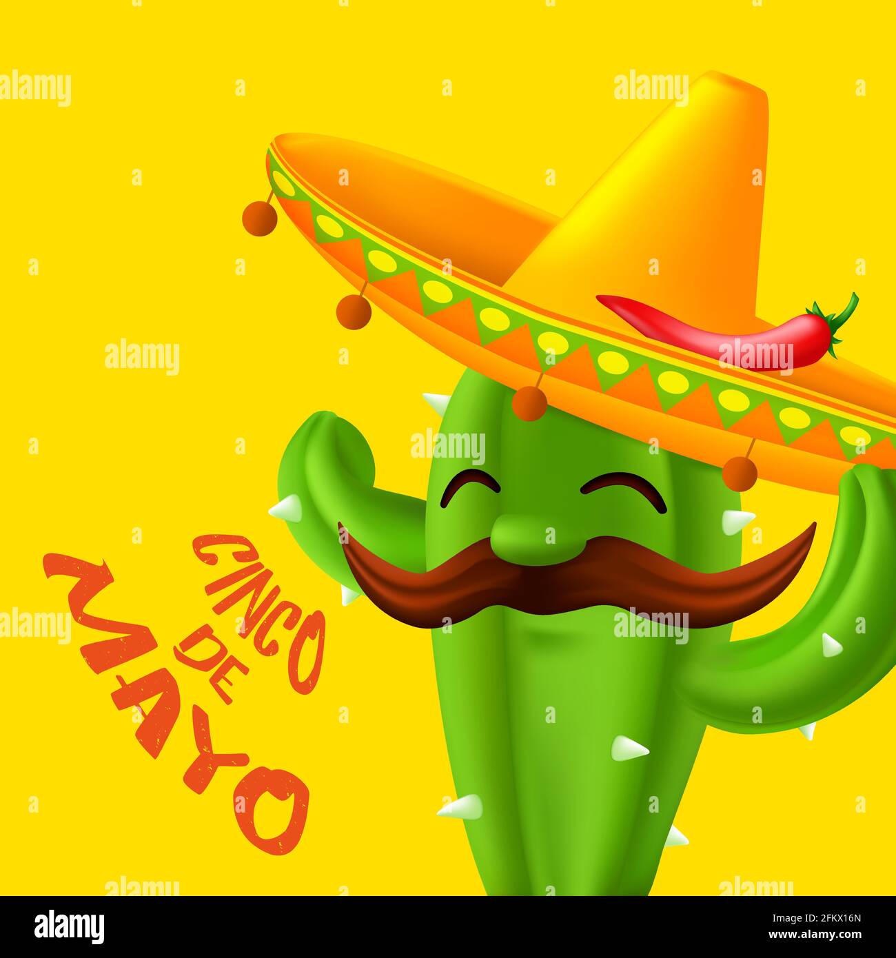 Mexican cactus with mustaches in a sombrero hat with red chili pepper on it. Funny cartoon character isolated on a yellow background. Vector illustrat Stock Vector