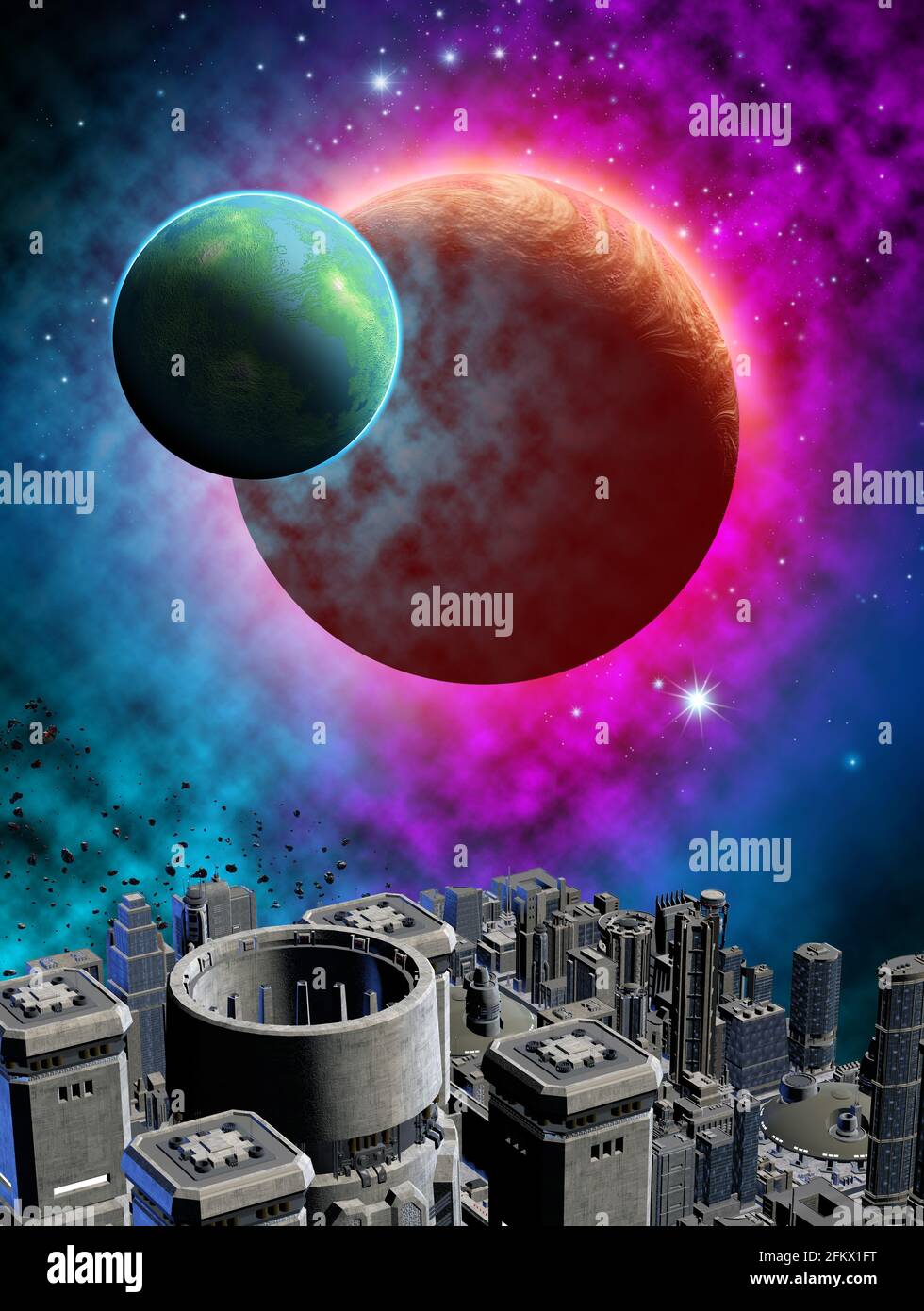 space base near a planetary system and nebula, 3d illustration Stock Photo