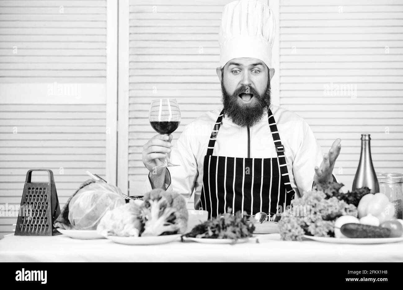 Pleased with choice. bearded man. chef recipe. Vegetarian salad with fresh vegetables. Cuisine culinary. Vitamin. Dieting organic food. Healthy food Stock Photo