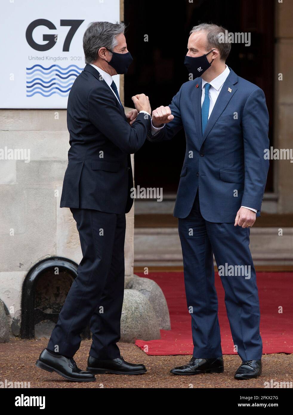 Foreign Secretary Dominic Raab (right) greets US Secretary of State Antony Blinken, as he arrives at Lancaster House in London for talks with fellow foreign ministers from the G7 Foreign and Development Ministers meeting. Picture date: Tuesday May 4, 2021. Stock Photo