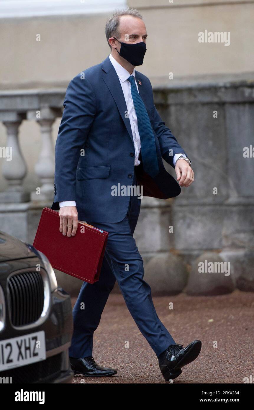 Foreign Secretary Dominic Raab arrives at Lancaster House in London for talks with fellow foreign ministers from the G7 Foreign and Development Ministers meeting. Picture date: Tuesday May 4, 2021. Stock Photo