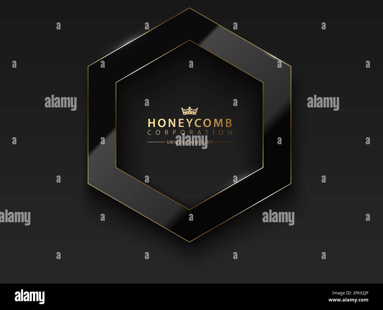 Vector black hexagon. Glossy luxury dark and golden line frame. Honeycomb shape border for photo, picture, congratulations, logo header Stock Vector