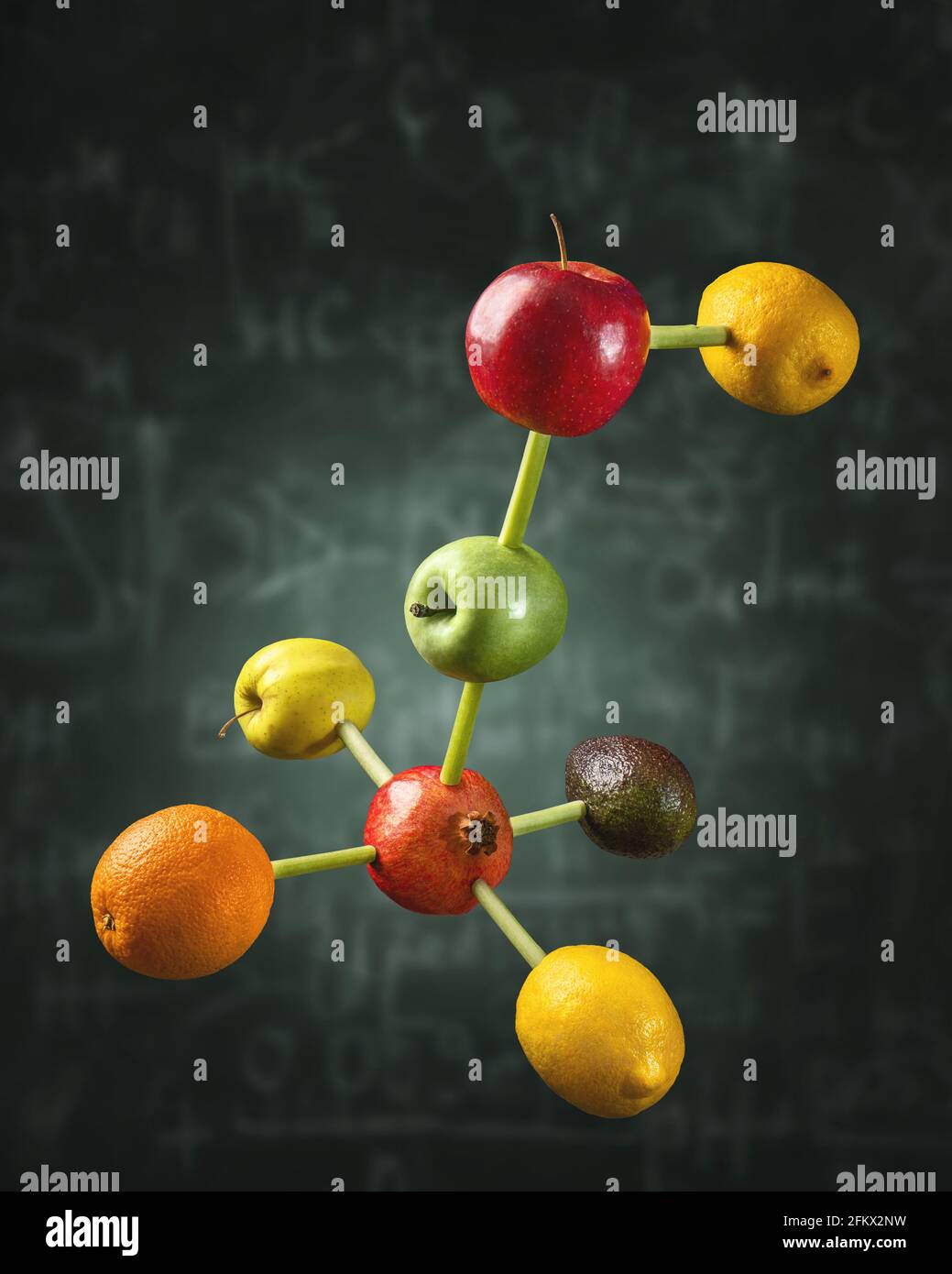 Connected fruits in the shape of molecular structure chain. Concept for vitamins diet or healthy natural food formula. Stock Photo
