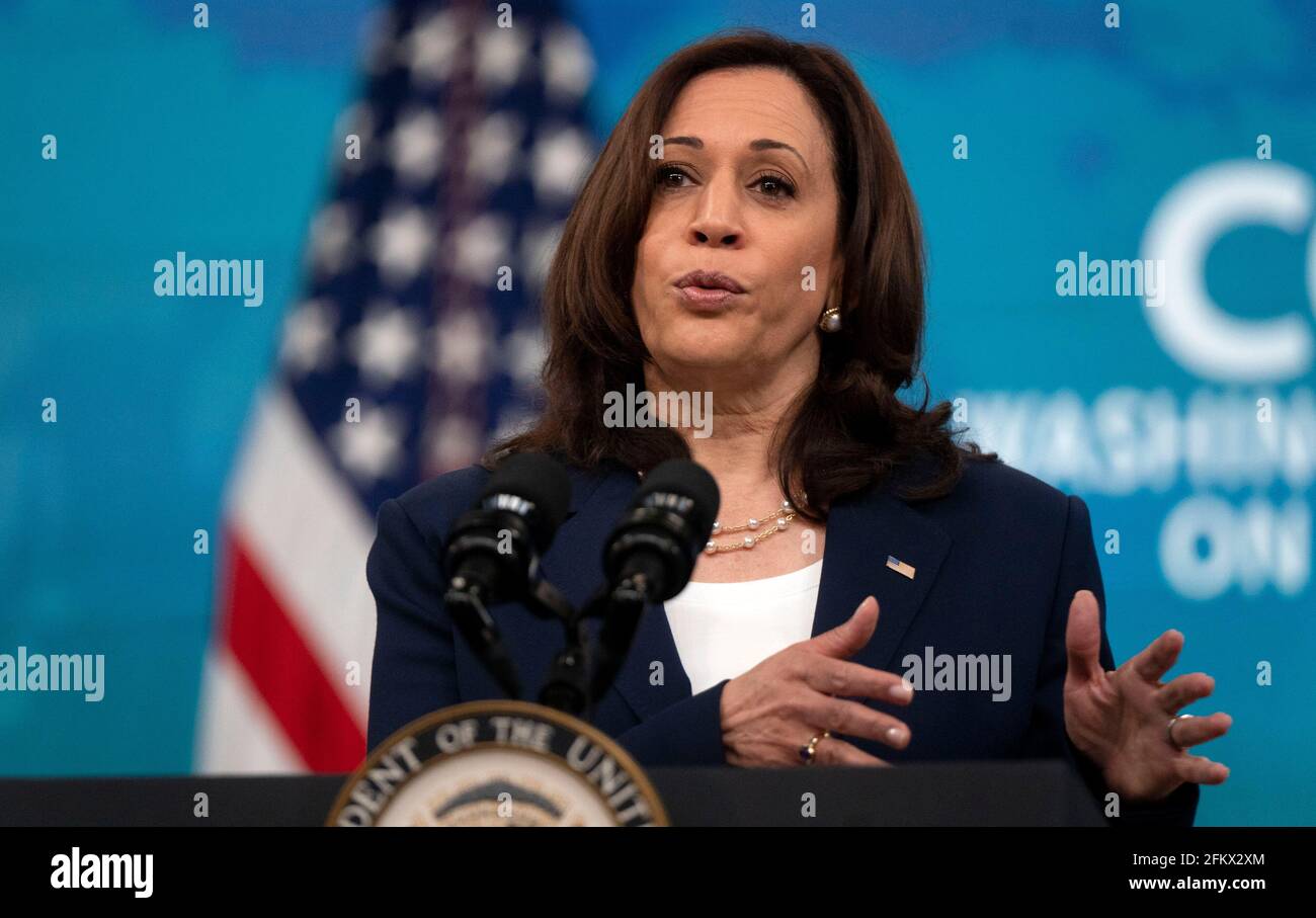 Washington, United States Of America. 04th May, 2021. Vice President Kamala Harris delivers remarks during the 51st Annual Washington Conference on the Americas in the South Court Auditorium on Tuesday, May 4, 2021 in Washington, DC The conference features remarks by senior U.S. government officials and leaders, offering an early opportunity for participants to hear directly from the new Biden administration on its hemispheric policy agenda. Credit: Leigh Vogel/Pool/Sipa USA Credit: Sipa USA/Alamy Live News Stock Photo