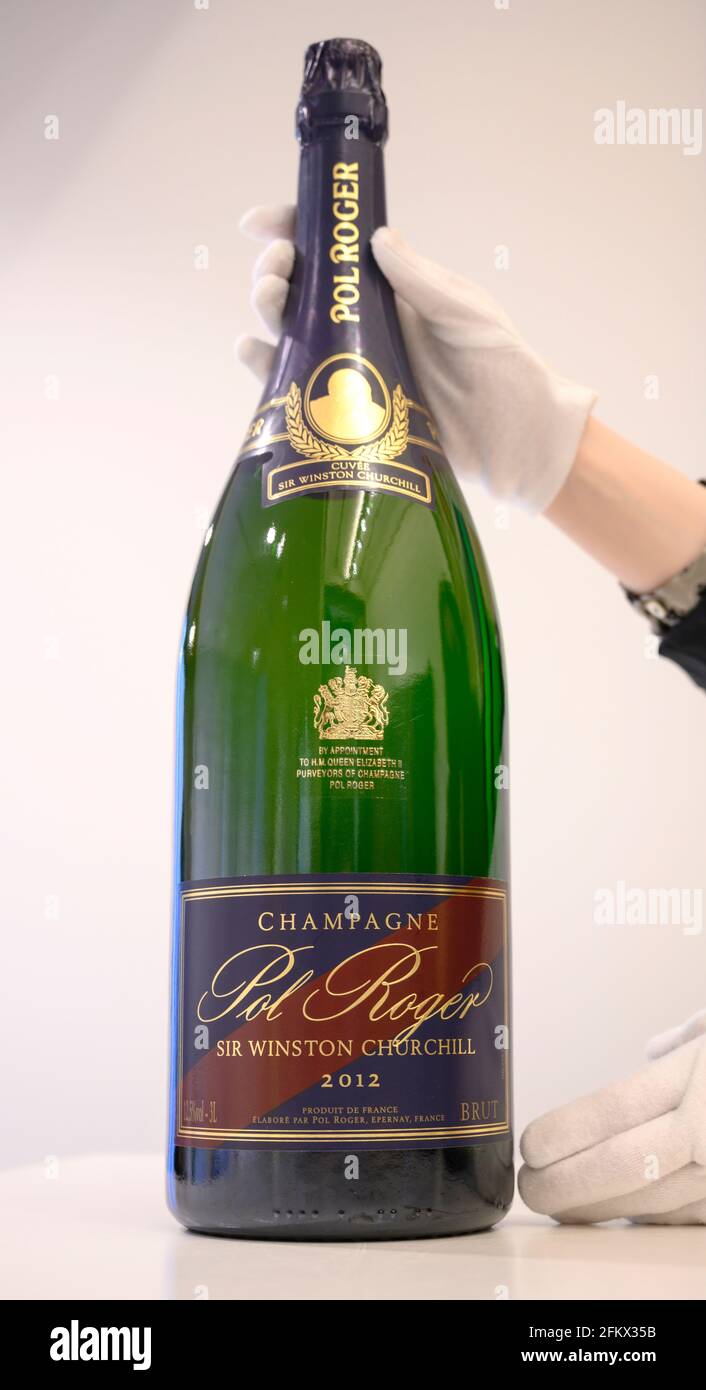 Bonhams, London, UK. 4 May 2021. Bonhams Fine and Rare Wine sale in London on Thursday 6 May will offer a very special and rare bottle of champagne – Jeroboam No 1 from Pol Roger's newly released Cuvée Sir Winston Churchill 2012, estimate: £3,000-5,000. The entire proceeds from the sale of the bottle will go to benefit Hospitality Action, a charity supporting those in the hospitality sector whose businesses and jobs have been affected by Covid-19. Bonhams is waiving all fees and will donate the the buyer's premium on this bottle to Hospitality Action.The winning bidder will also enjoy a visit Stock Photo