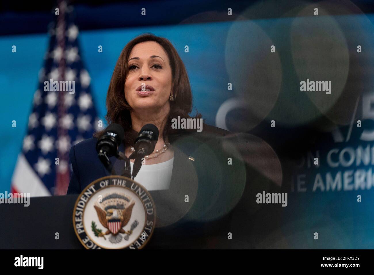 Washington, United States Of America. 04th May, 2021. Vice President Kamala Harris delivers remarks during the 51st Annual Washington Conference on the Americas in the South Court Auditorium on Tuesday, May 4, 2021 in Washington, DC The conference features remarks by senior U.S. government officials and leaders, offering an early opportunity for participants to hear directly from the new Biden administration on its hemispheric policy agenda. Credit: Leigh Vogel/Pool/Sipa USA Credit: Sipa USA/Alamy Live News Stock Photo
