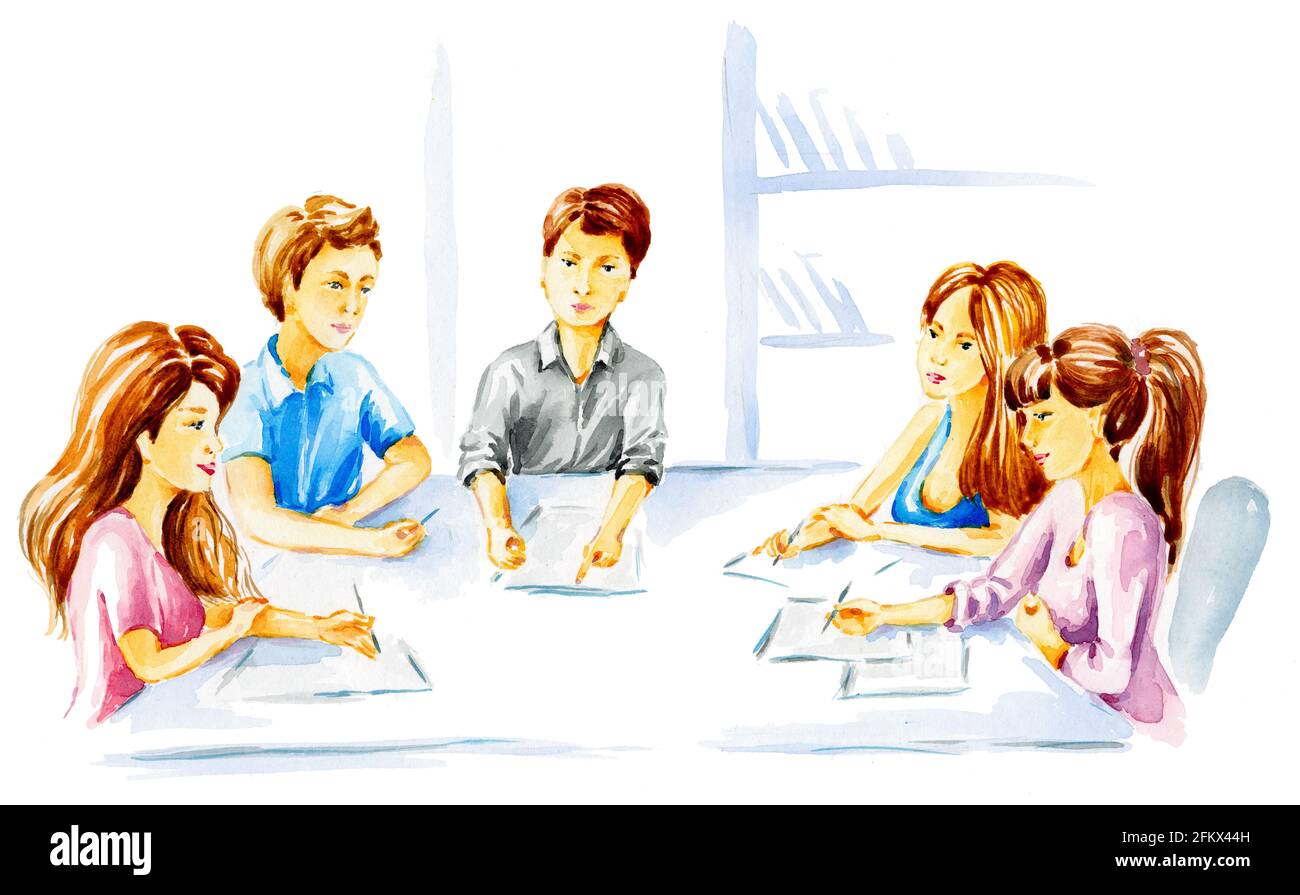 Business people casual clothing meeting creative agency office conference room. Hand painted watercolor illustration. Stock Photo
