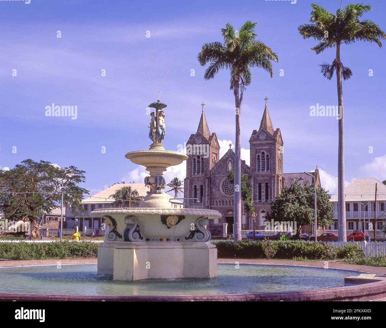 Immaculate Conception Cathedral and fountain, Independence Square, St.Kitts, St.kitts & Nevis, Lesser Antilles, Caribbean Stock Photo