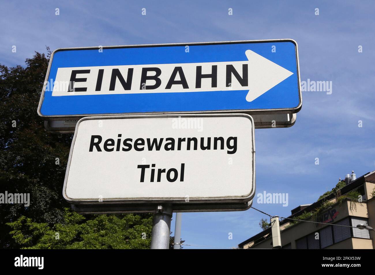 Symbol Picture, Travel Warning Tyrol, One Way, Assembly Stock Photo