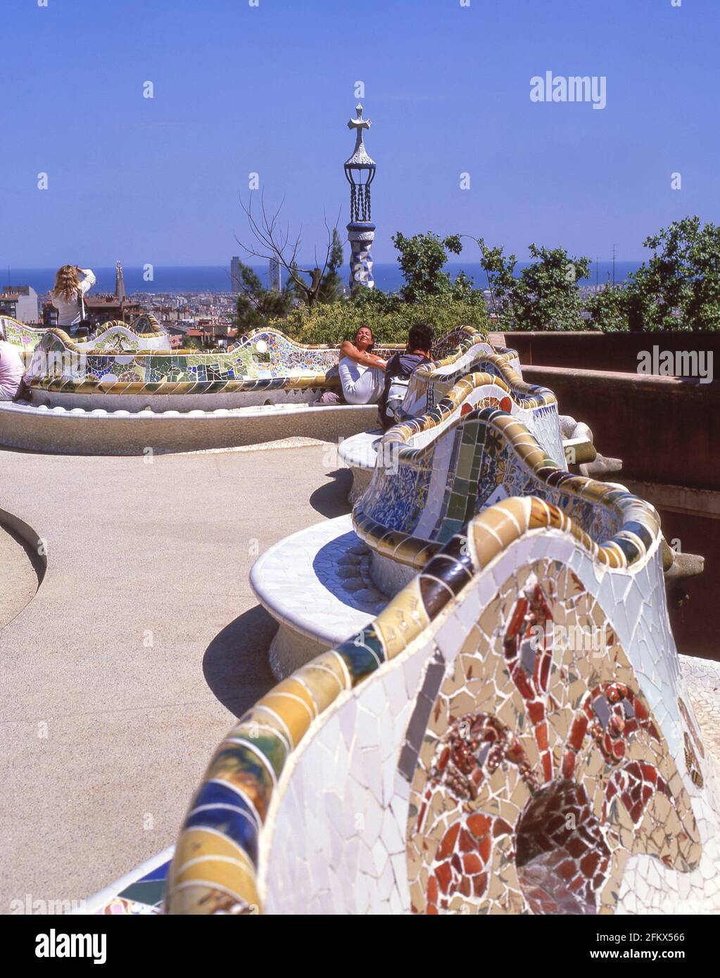 Serpentine benches on main terrace, Park Guell, Gràcia District, Barcelona, Province of Barcelona, Catalonia, Spain Stock Photo
