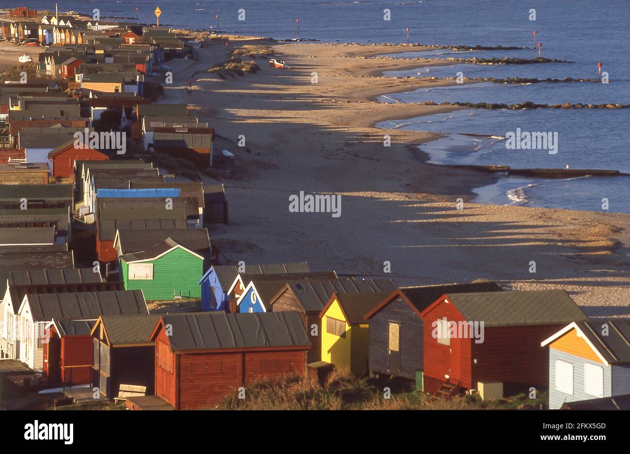Beach huts and sandbar, St Agnes, Isles of Scilly, Cornwall, England, United Kingdom Stock Photo