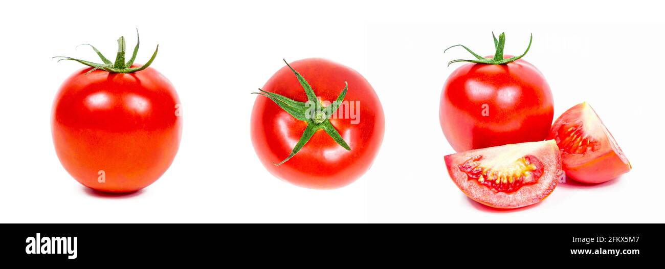 Fresh tomato slices set isolated on white background. Stock Photo