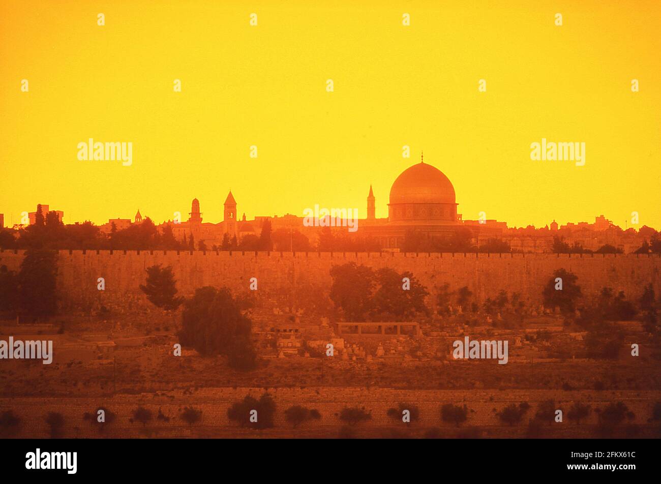 Old City at sunset from Mount of Olives, Old City, Jerusalem, Jerusalem District, Israel Stock Photo