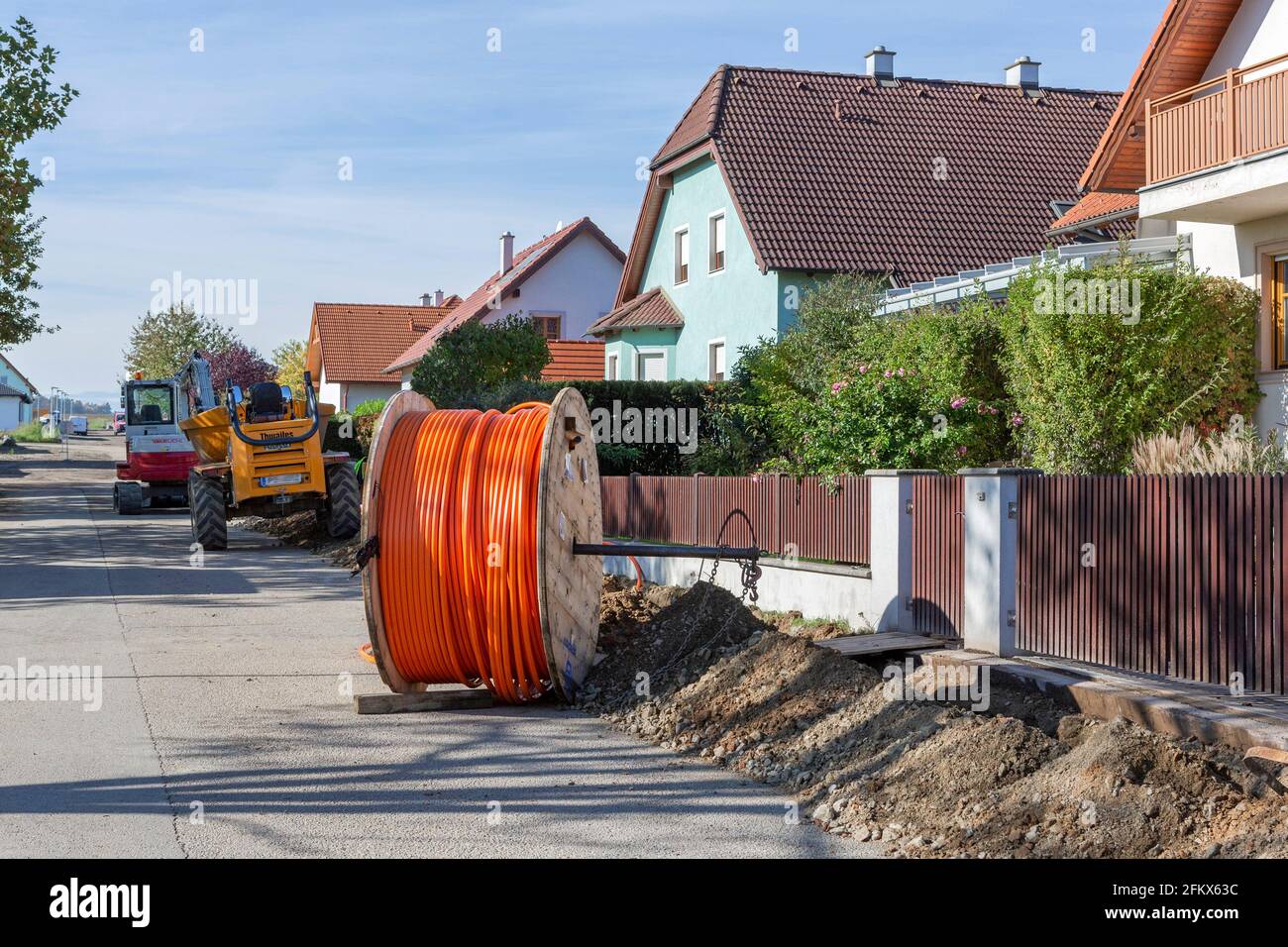 Construction Site With Telecommunication Cable, Fiber Optic Cable Stock Photo