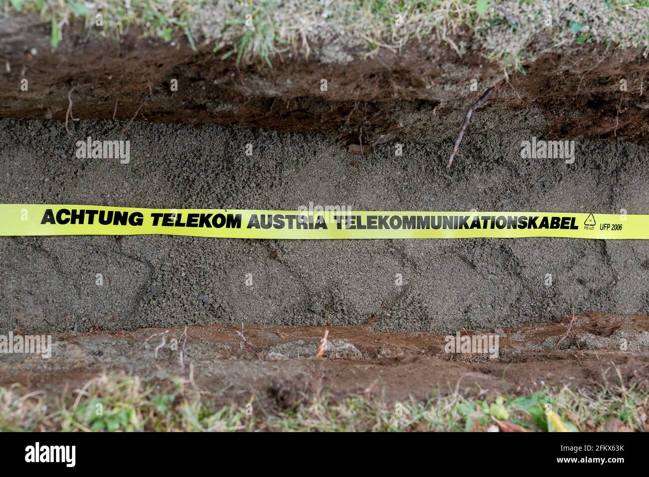 Warning Tape, Attention Telekom Austria Protection For Telecommunication Cables Stock Photo