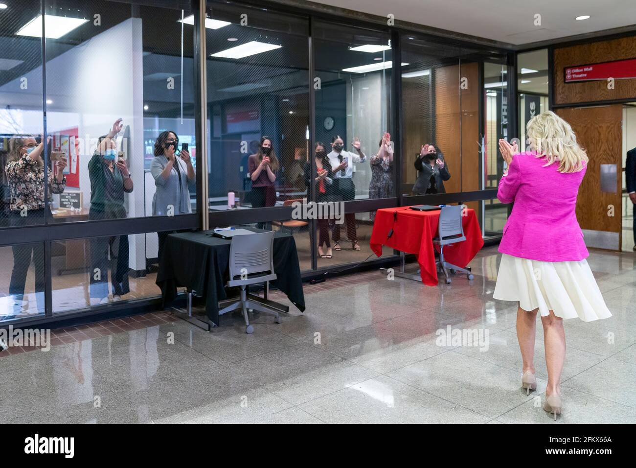 First Lady Jill Biden waves to onlookers as she arrives at Sauk Valley Community College in Dixon, Illinois on April 19, 2021. (Official White House Photo by Cameron Smith) Stock Photo