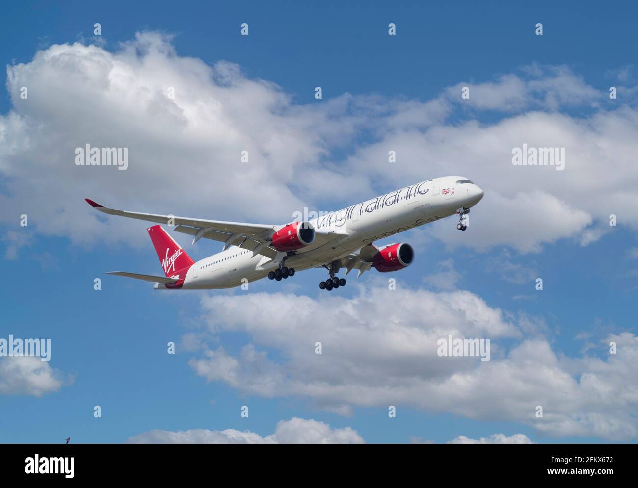 Virgin Atlantic Airbus A350-1041 aircraft landing at Heathrow Airport, Stock Photo