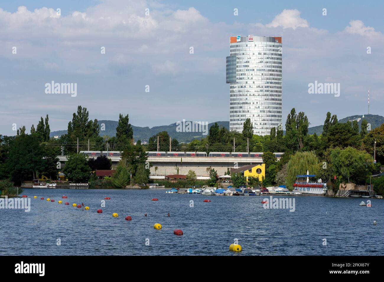 Alte Donau, View To Florido Tower, High Rise Office In Vienna, Austria Stock Photo