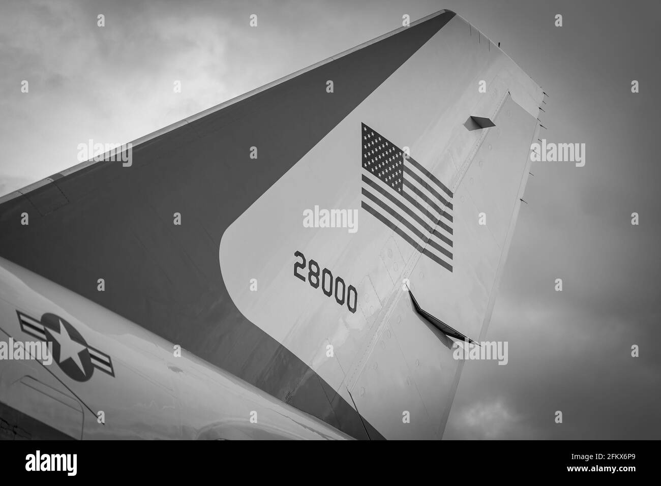 The tail of Air Force One is seen Friday, Feb. 26, 2021, at Ellington