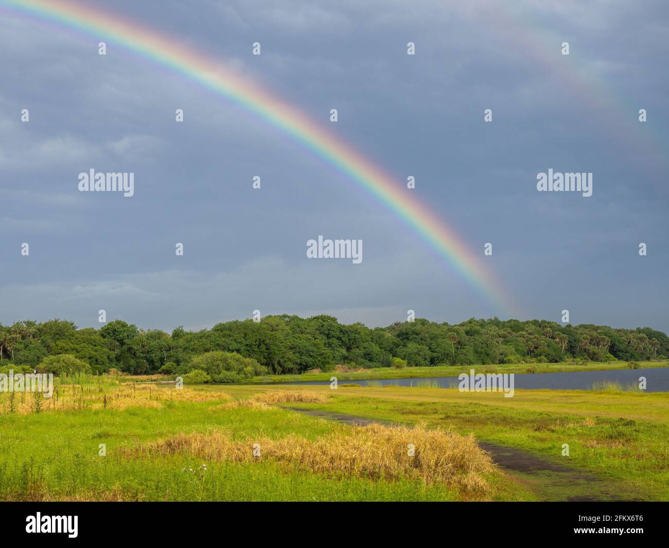 Rainbow in a dark stormy sky over Myakka River State Park in Sarasota Florida USA Stock Photo