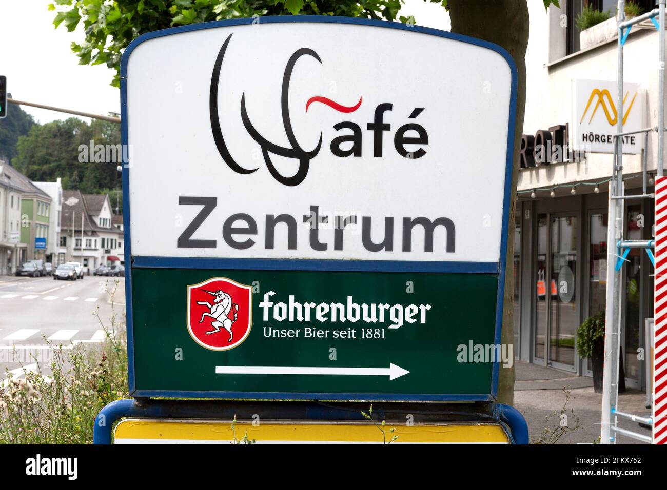 Cafe Center And Fohrenburger Beer, Götzis, Vorarlberg, Austria Stock Photo